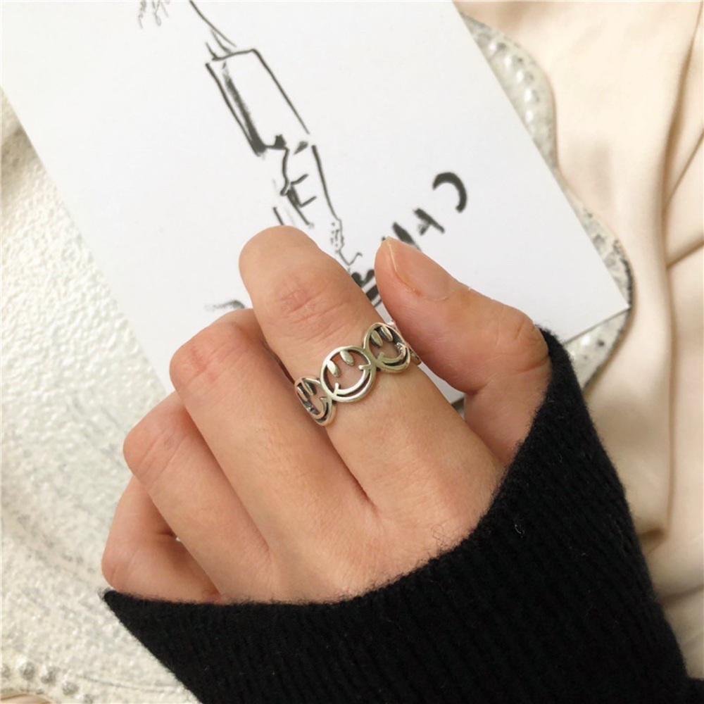 Smiley far ring happy face ring smile face ring silver stacking ring